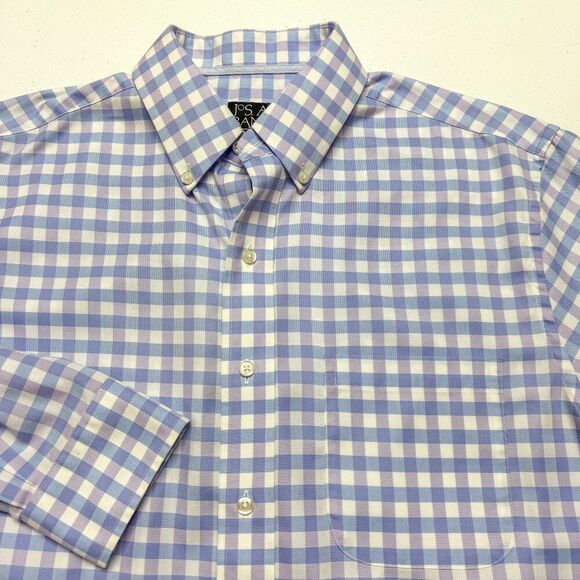 Jos A Bank Shirt Men Medium Blue Purple Plaid Tailored Wrinkle Free Signature‎ - Picture 1 of 13